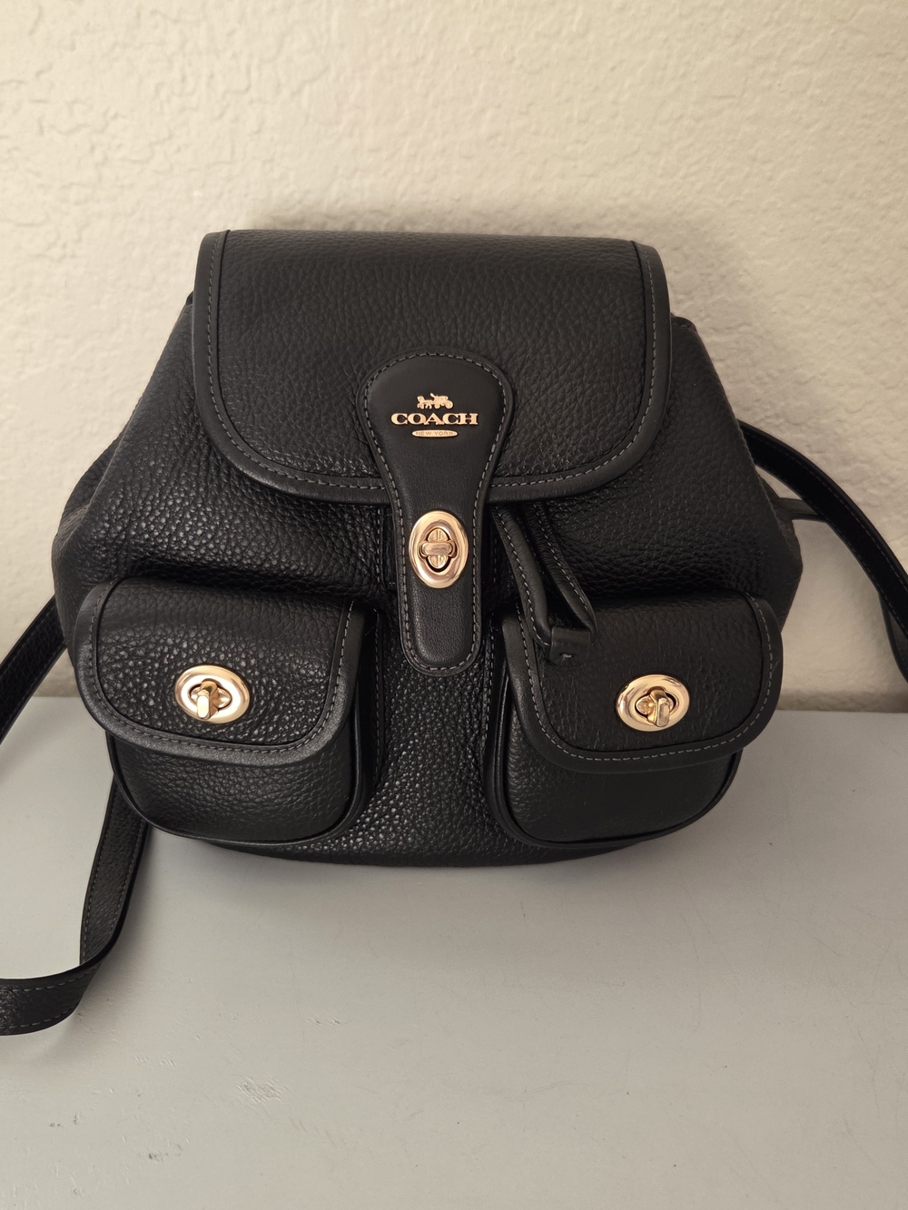Coach Black Pebbled Leather Hadley Backpack with Gold Hardware